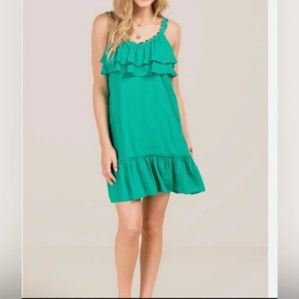 NWT Blue Rain Francesca's Green Swiss Dotted‎ Rainbow Pom Pom Dress Small